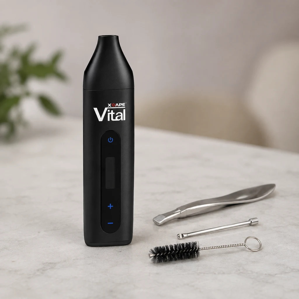 Vaporizador XVape Vital negro en posición vertical sobre una mesa clara, junto a pinzas, una varilla y un cepillo de limpieza.