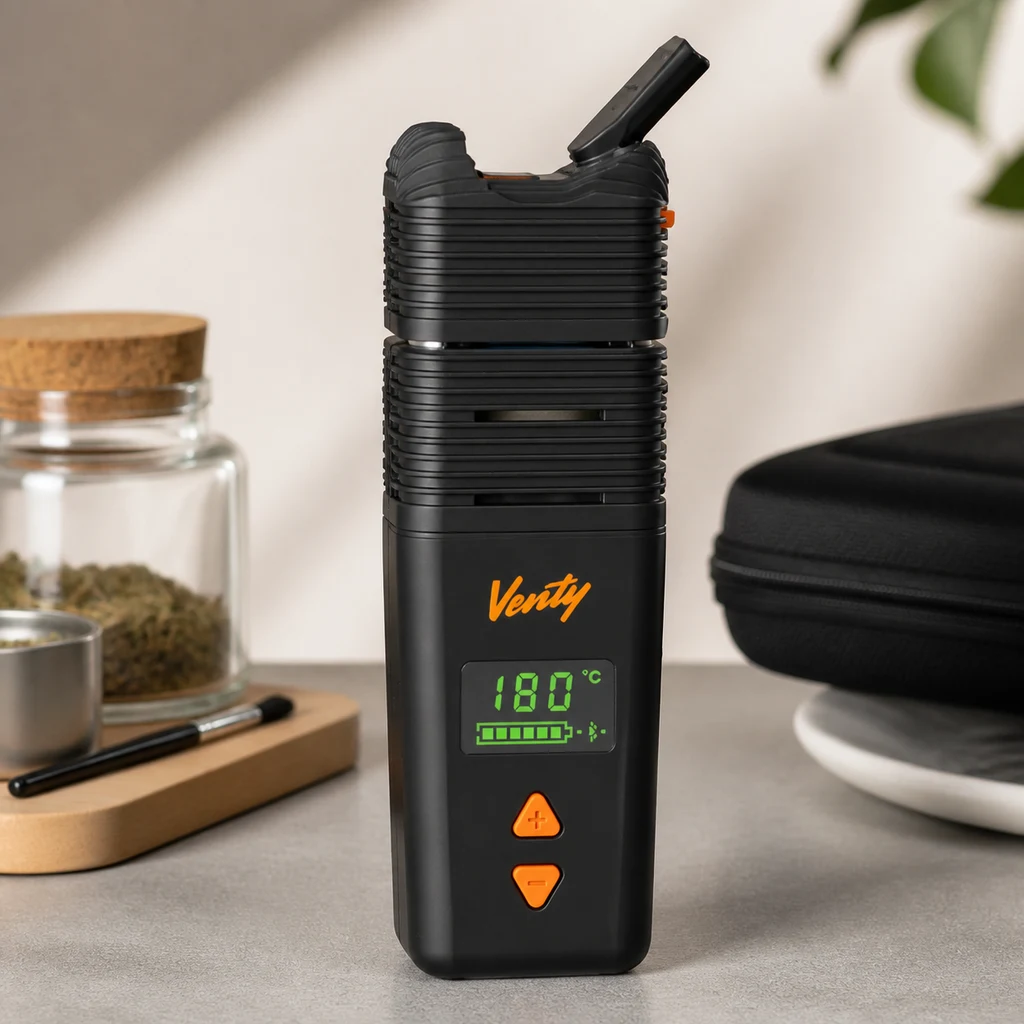 Vaporizador Venty negro con boquilla elevada, botones naranjas y pantalla a 180 °C, junto a un tarro y un estuche sobre una mesa.