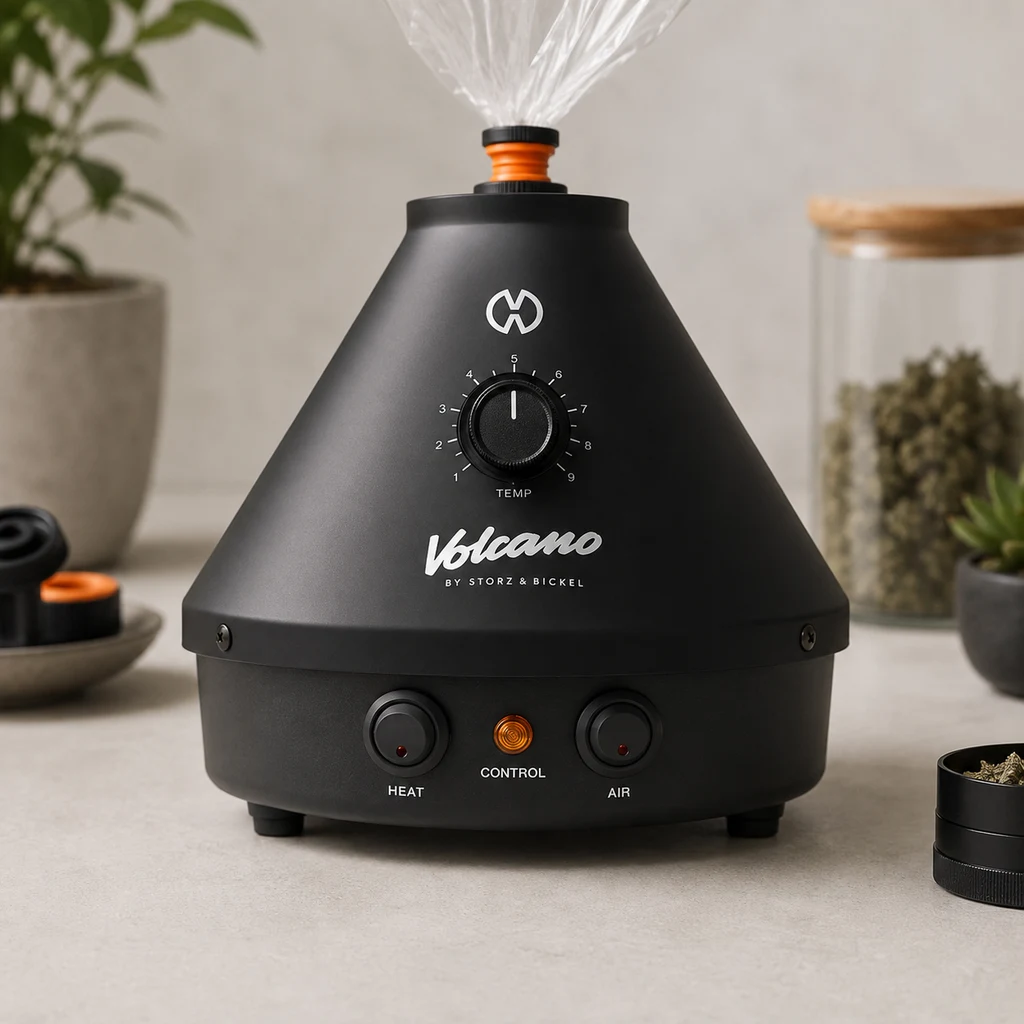 Volcano Classic Onyx negro sobre una encimera, con selector giratorio, dos interruptores y un globo transparente acoplado arriba.
