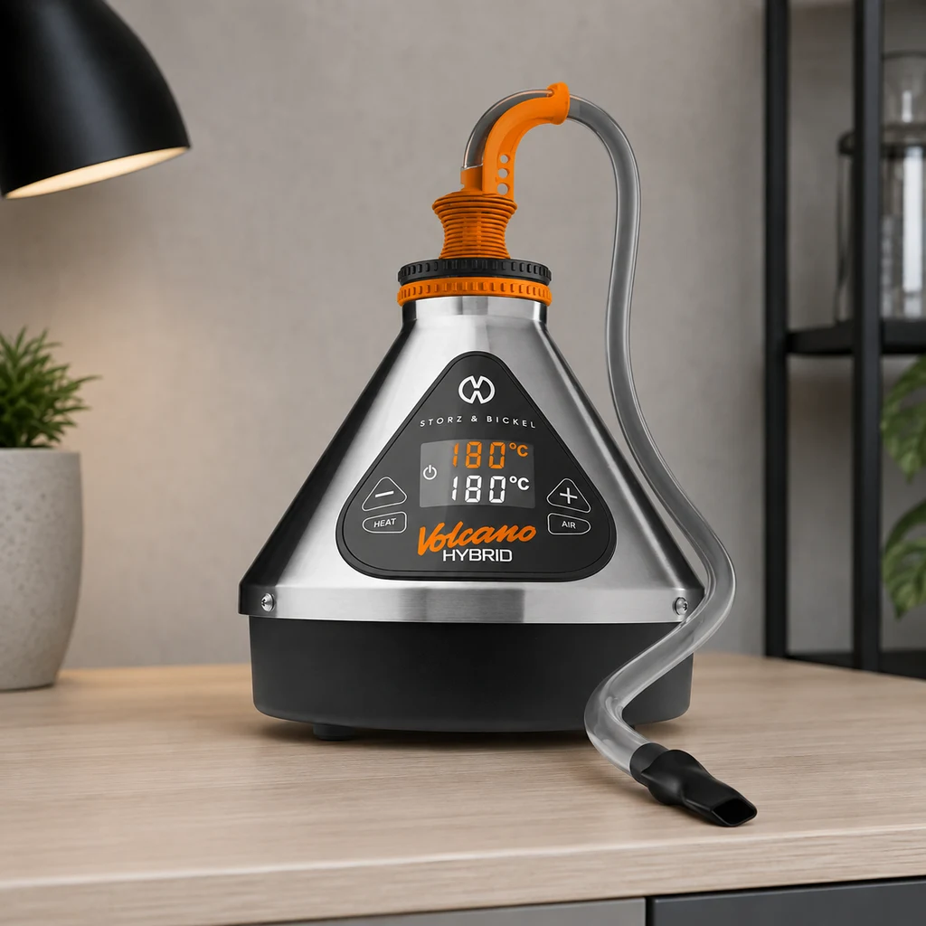 Vaporizador Volcano Hybrid sobre una mesa, con cuerpo plateado, base negra, pantalla y tubo transparente con boquilla negra.