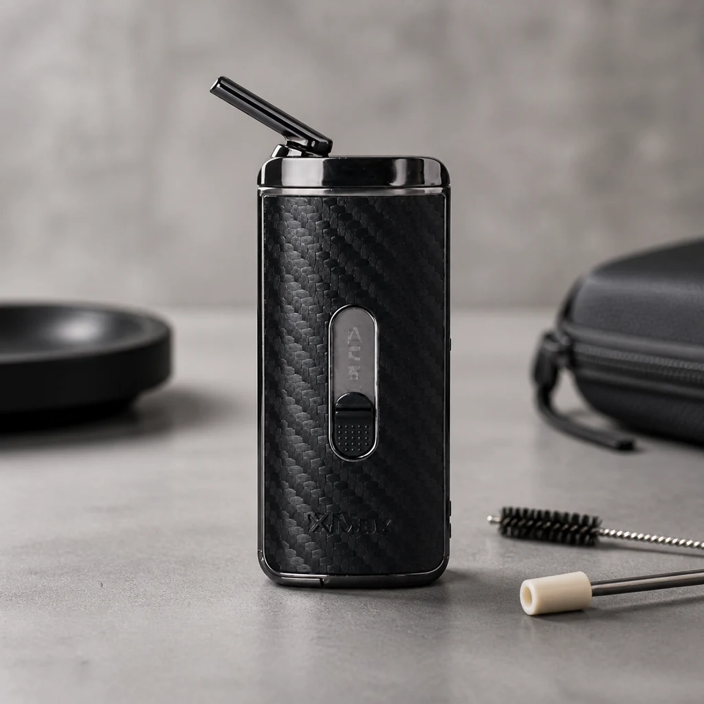 Vaporizador X-MAX ACE negro con acabado tramado y boquilla inclinada, sobre una mesa gris junto a un estuche y útiles de limpieza.