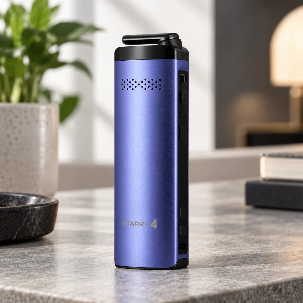 Vaporizador X-MAX Starry V4 púrpura con boquilla negra sobre una mesa, en una escena generada con una planta, libros y una lámpara al fondo.