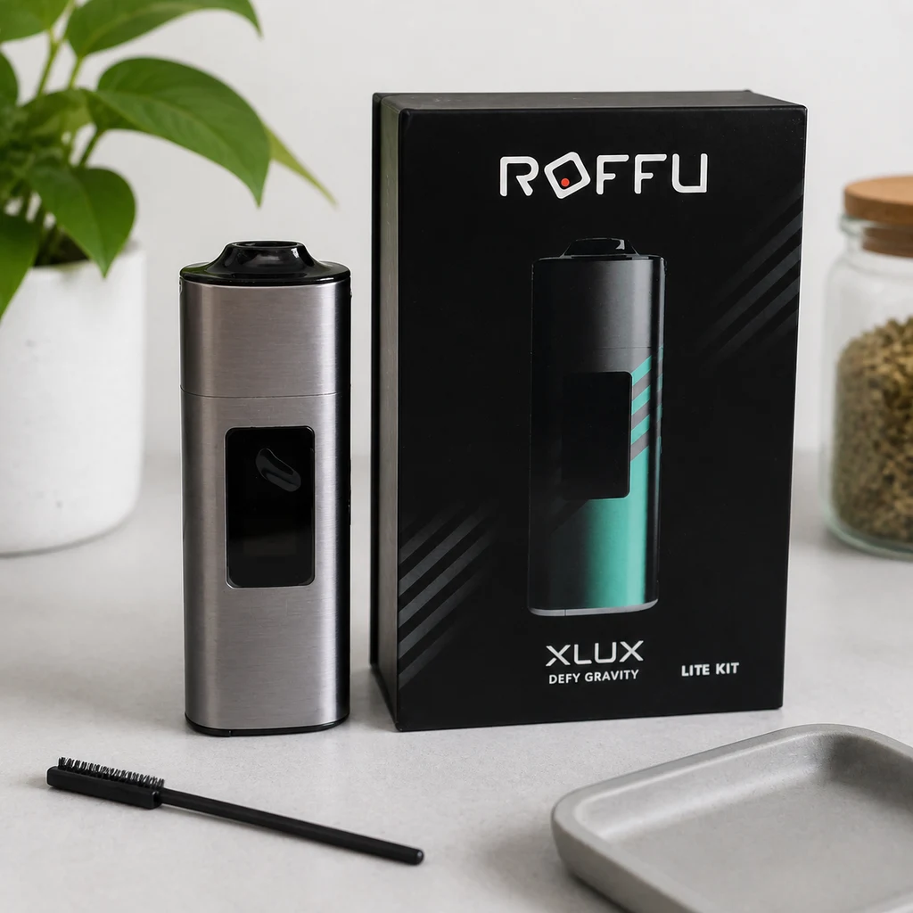 Vaporizador Xlux Roffu gris con boquilla negra junto a su caja Kit Lite y un cepillo, sobre una mesa con una bandeja en primer plano.