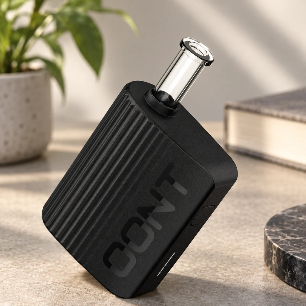 Vaporizador Xmax Oont negro inclinado, con cuerpo acanalado, boquilla transparente y botón lateral, sobre una mesa.