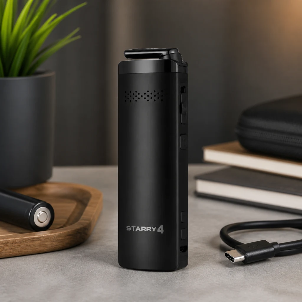 Vaporizador XMax Starry 4 negro en posición vertical, con boquilla plegada, junto a una batería y un cable USB-C sobre una mesa.