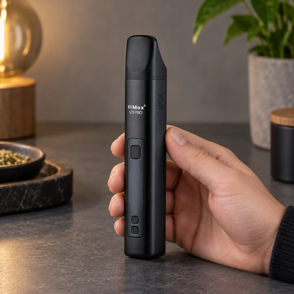Una mano sostiene verticalmente el vaporizador negro XMax V3 Pro, con boquilla superior y botones frontales visibles.