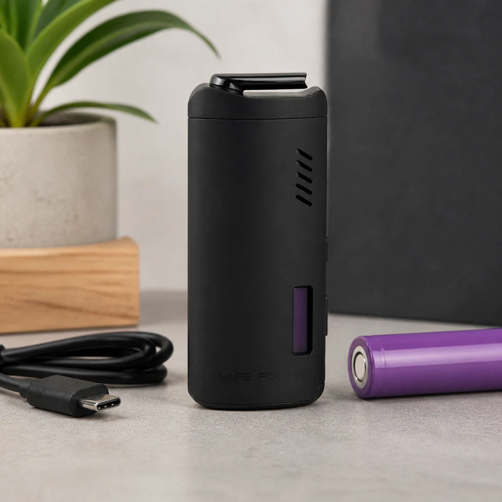 Vaporizador XVAPE Fog Pro negro en posición vertical, con boquilla superior y ranuras laterales, junto a una batería morada y cable USB.