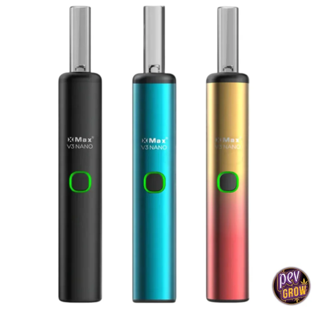 Selección de vaporizadores XMAX V3 Nano en negro, turquesa y degradado dorado y rojo, con boquillas transparentes y botones con borde verde.