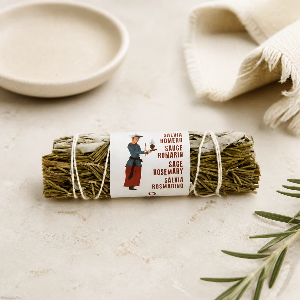 Varita de salvia blanca y romero atada con hilo blanco y etiqueta ilustrada, junto a un plato, una tela con flecos y ramas de romero. Varita de salvia blanca y romero atada con hilo blanco y etiqueta ilustrada, junto a un plato, una tela con flecos y ramas de romero.