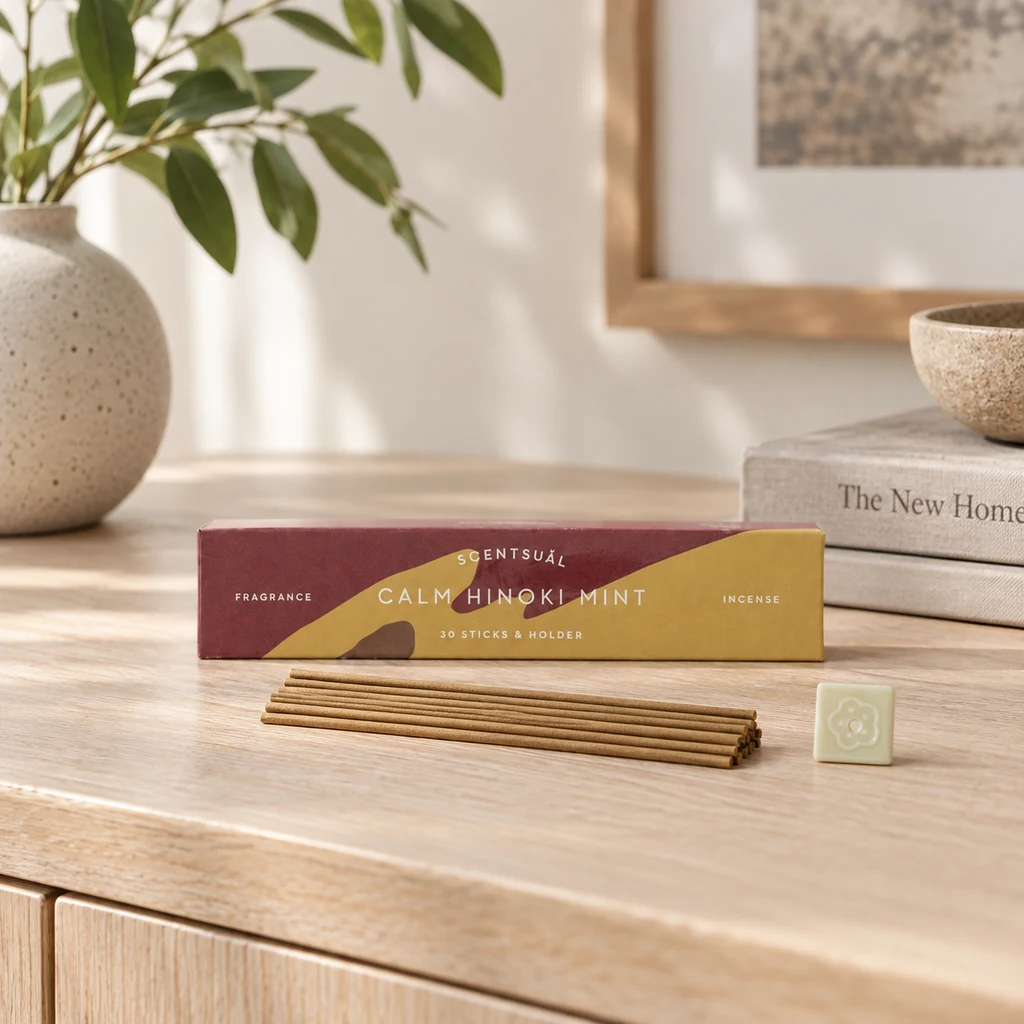 Varillas de incienso Scentsual Calm Hinoki Mint junto a su caja granate y amarilla y un pequeño soporte cuadrado sobre una mesa de madera.