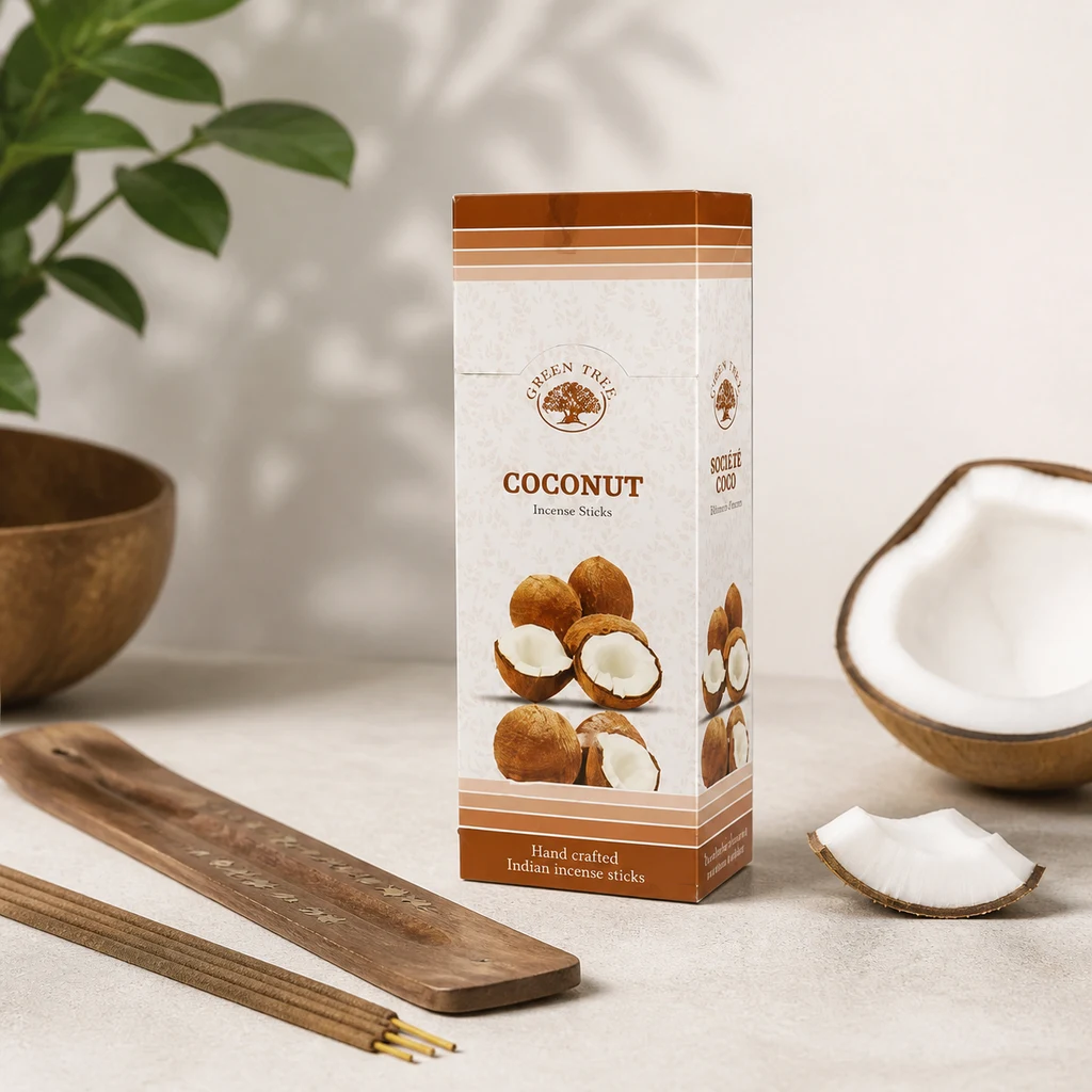 Caja de incienso Green Tree de coco junto a varillas, un soporte alargado y trozos de coco sobre una superficie clara.