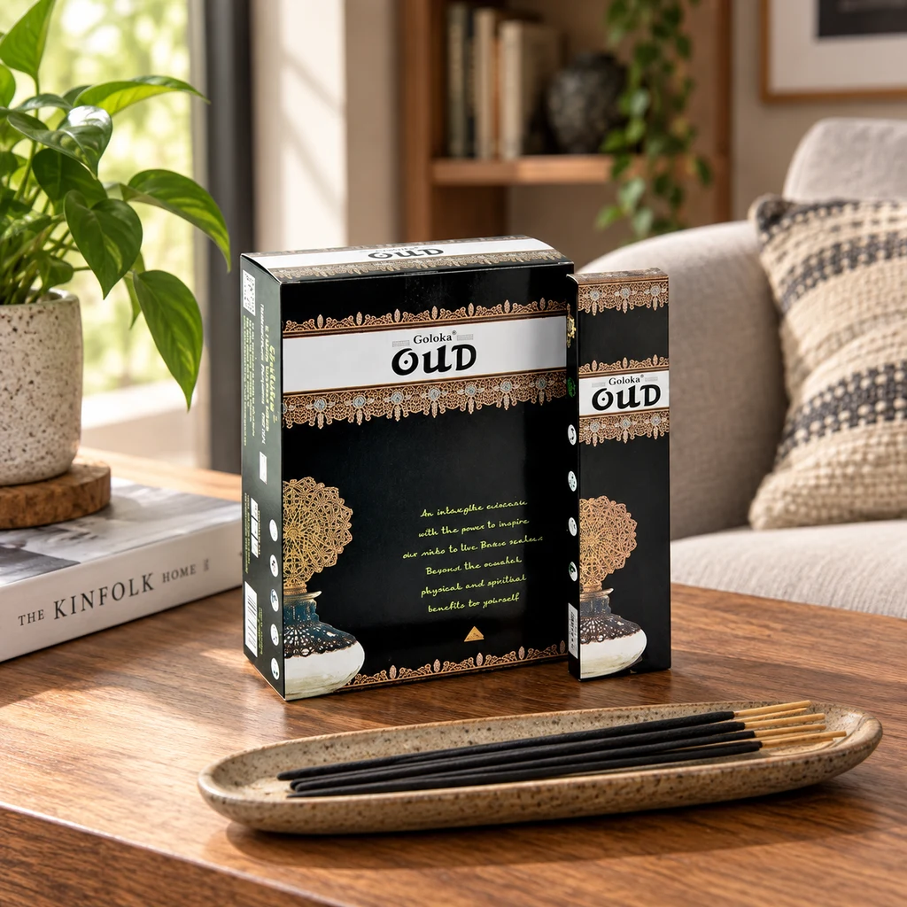 Cajas negras y doradas de incienso Goloka Oud junto a varillas sobre una bandeja alargada, en una mesa de salón con luz natural. Cajas negras y doradas de incienso Goloka Oud junto a varillas sobre una bandeja alargada, en una mesa de salón con luz natural.