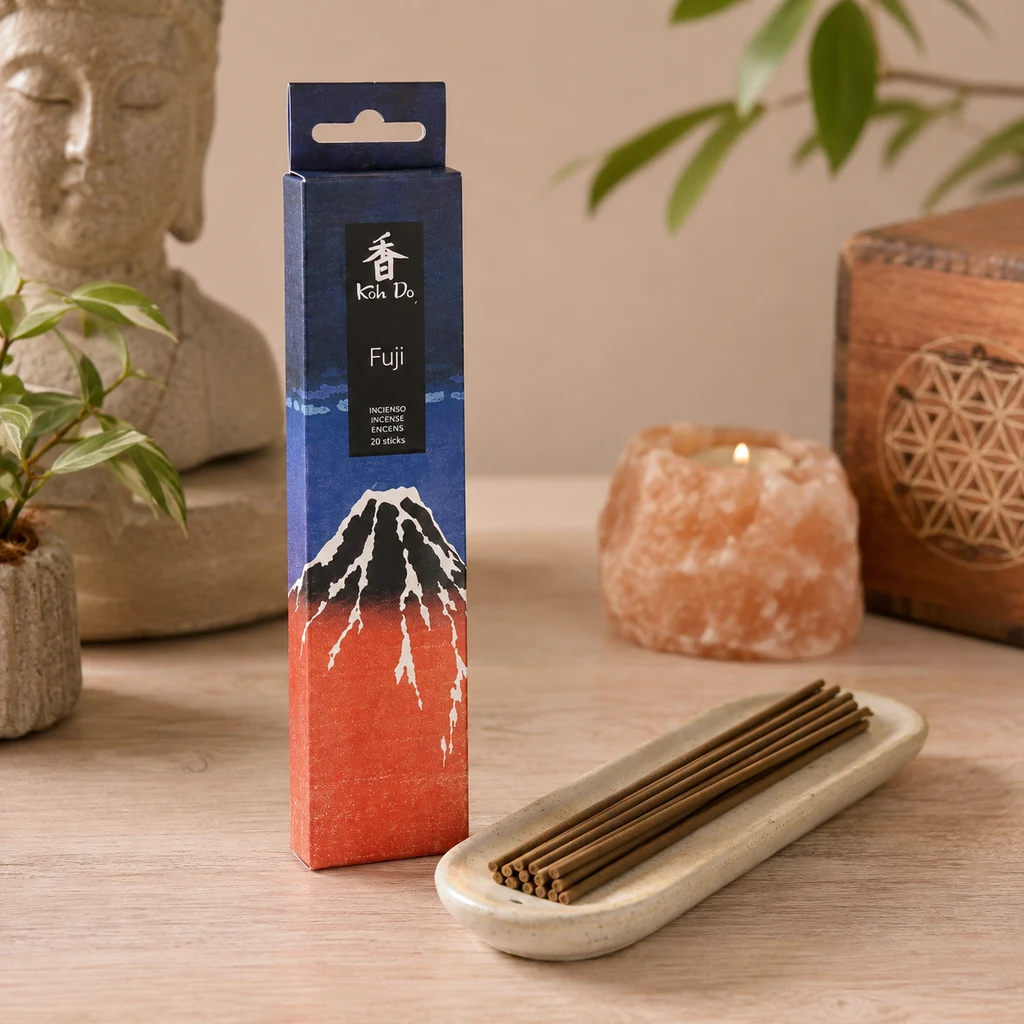 Caja de incienso Koh Do Fuji junto a varillas sobre una bandeja, con una vela encendida, plantas y una figura de Buda al fondo.