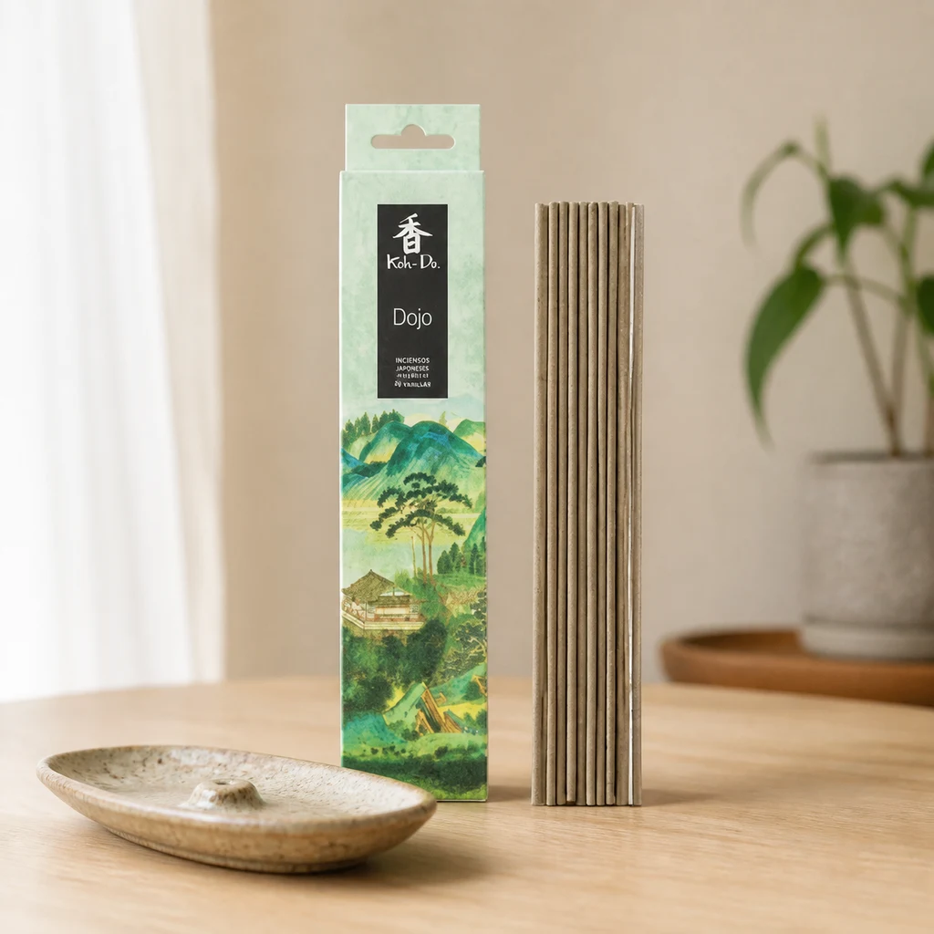 Varillas de incienso junto a una caja verde Koh-Do Dojo y un portaincienso ovalado sobre una mesa, con una planta al fondo.