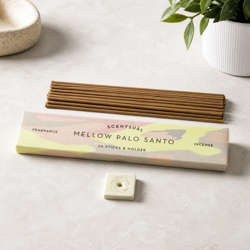 Incienso Scentsual Mellow Palo Santo con caja de tonos pastel, varias varillas marrones y un pequeño soporte cuadrado con flor.