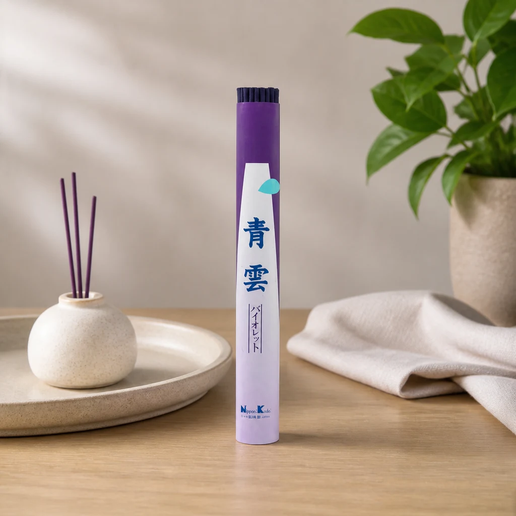 Envase violeta de incienso japonés Seiun Violet junto a varillas en un pequeño portaincienso sobre una bandeja, con una planta al fondo.