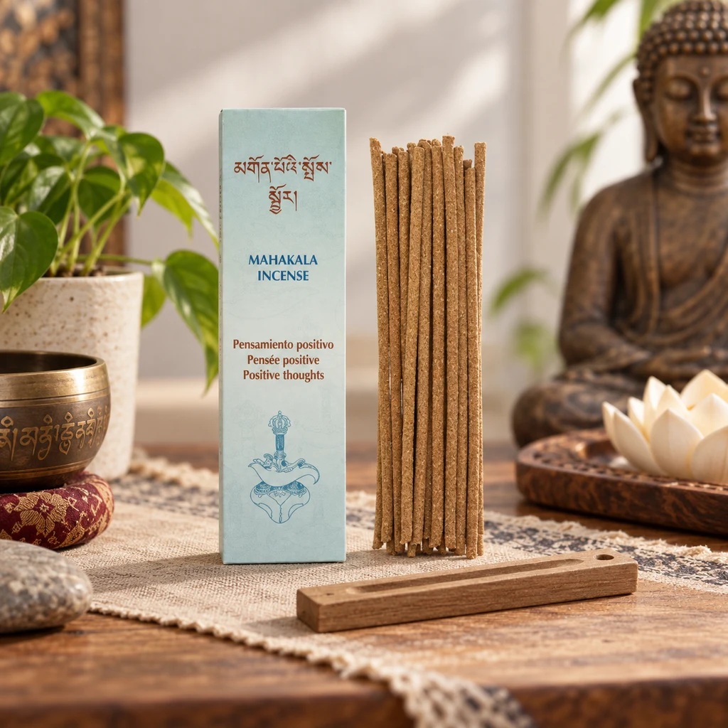 Incienso Mahakala Pensamiento Positivo con caja azul clara, varillas y soporte de madera, junto a un cuenco y una figura de Buda.