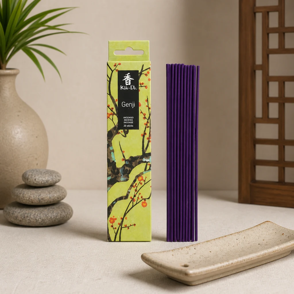 Varillas moradas de incienso japonés Genji junto a su caja con motivos florales y un portaincienso rectangular sobre una mesa.