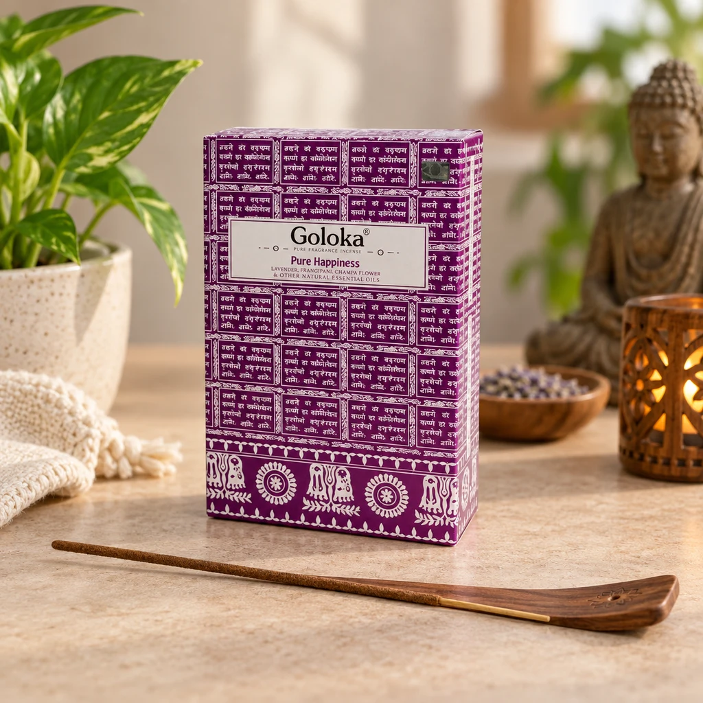 Caja morada de incienso Goloka Pure Happiness junto a una varilla sobre un soporte de madera, con plantas, una figura de Buda y un farol al fondo. Caja morada de incienso Goloka Pure Happiness junto a una varilla sobre un soporte de madera, con plantas, una figura de Buda y un farol al fondo.