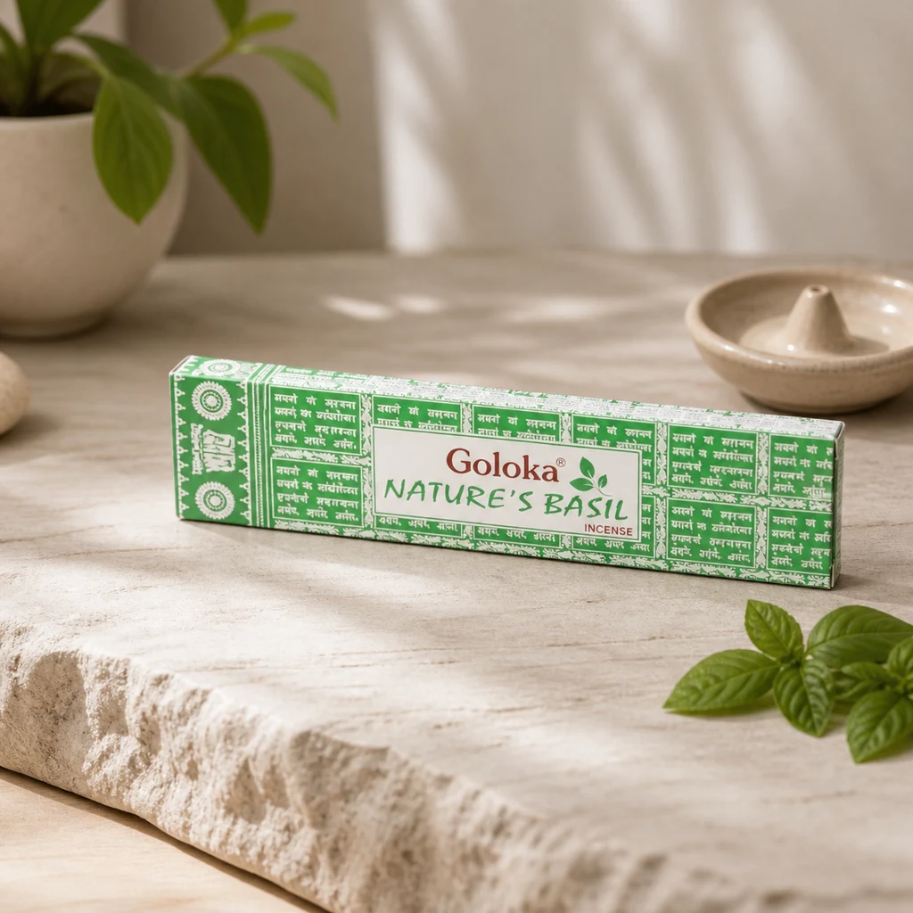 Caja verde de incienso Goloka Nature's Basil sobre una mesa de piedra clara, con hojas verdes y un portaincienso al fondo.