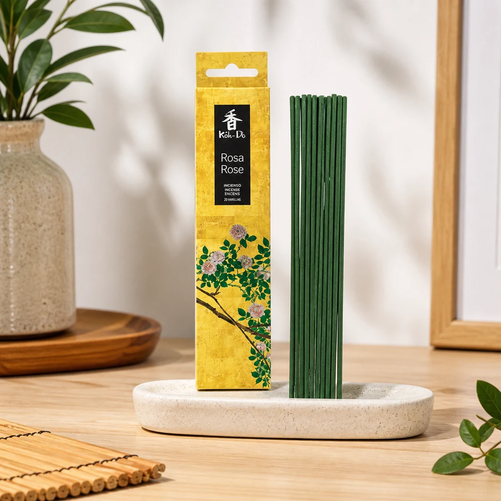 Incienso Koh Do Rosa con caja amarilla de motivos florales y varillas verdes verticales sobre una base clara en una mesa de madera.