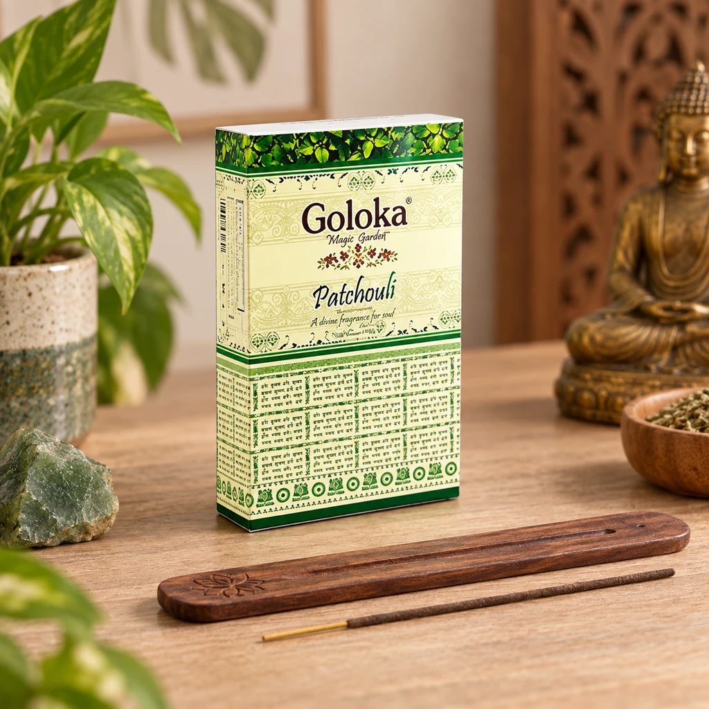 Caja de incienso Goloka Patchouli sobre una mesa de madera, con una varilla y un portaincienso delante, junto a plantas y un Buda.