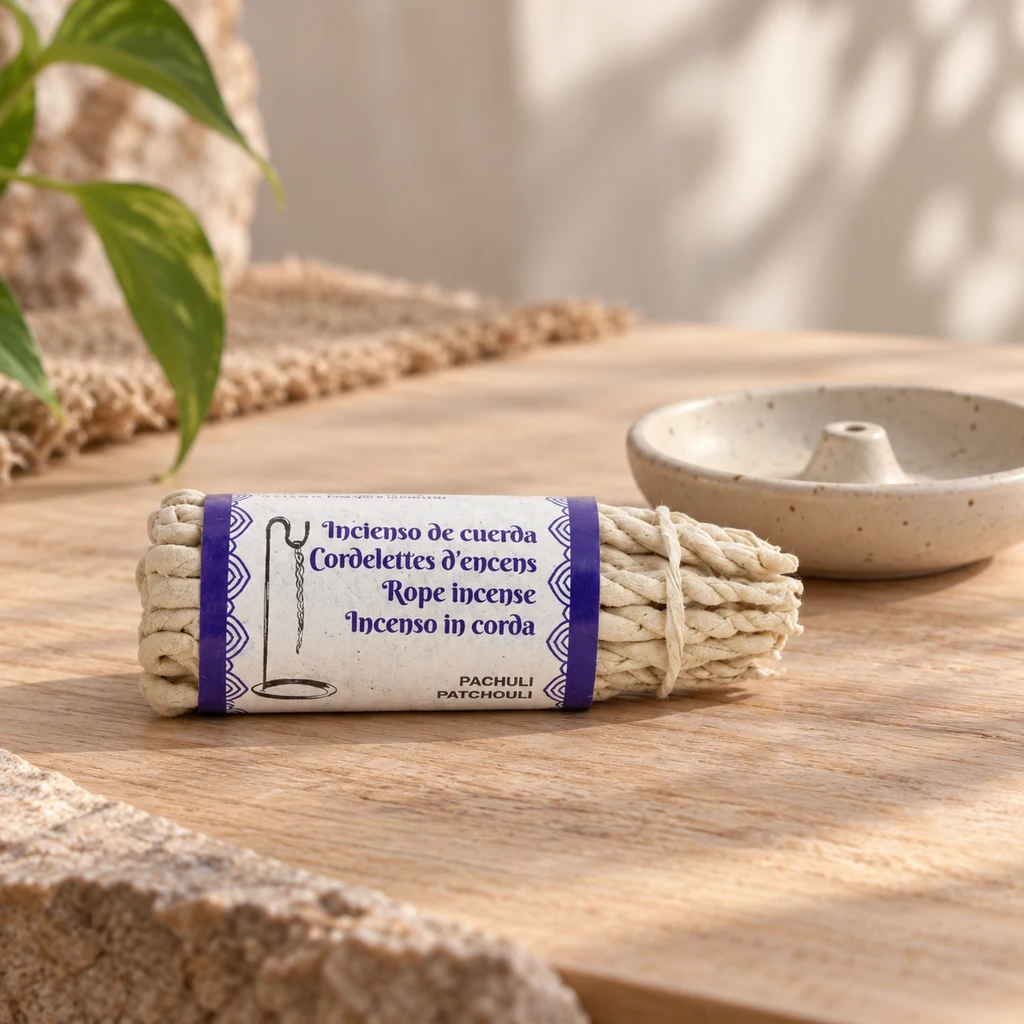 Manojo de incienso de cuerda con etiqueta Patchouli sobre una mesa de madera, junto a un recipiente cerámico.