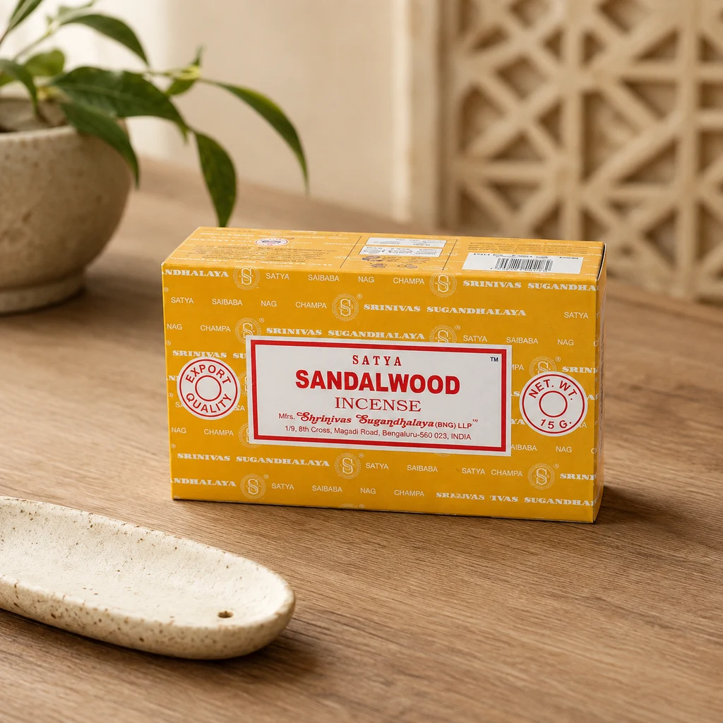 Caja amarilla de incienso Satya Sandalwood sobre una mesa de madera, junto a un portaincienso vacío y una planta. Caja amarilla de incienso Satya Sandalwood sobre una mesa de madera, junto a un portaincienso vacío y una planta.
