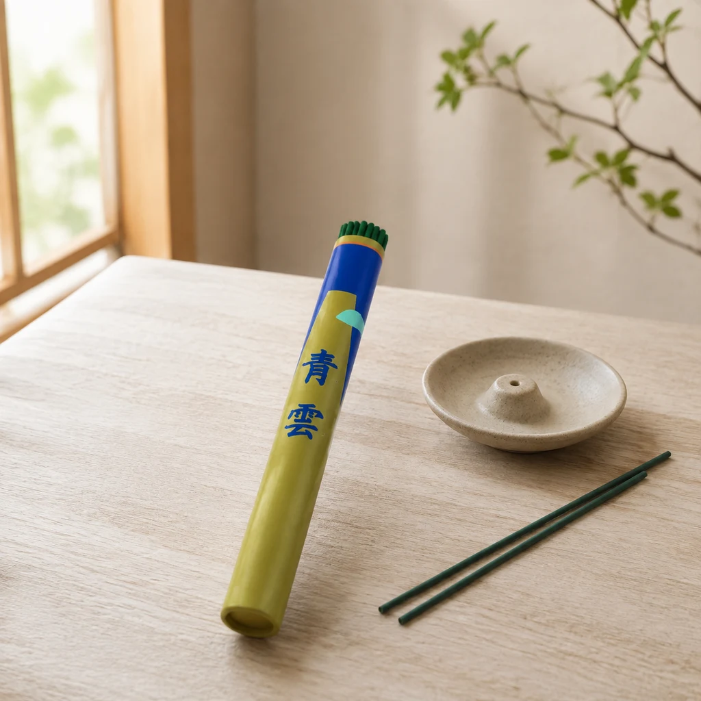 Incienso Seiun Classic en envase tubular amarillo y azul, con varillas verdes y un portaincienso beige sobre una mesa junto a la ventana.