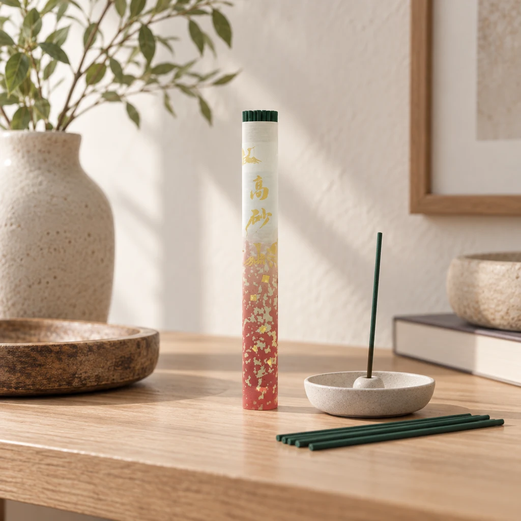 Varillas de incienso Takasago Hana Sandalia con estuche tubular decorado y una varilla en un soporte sobre una mesa de madera.