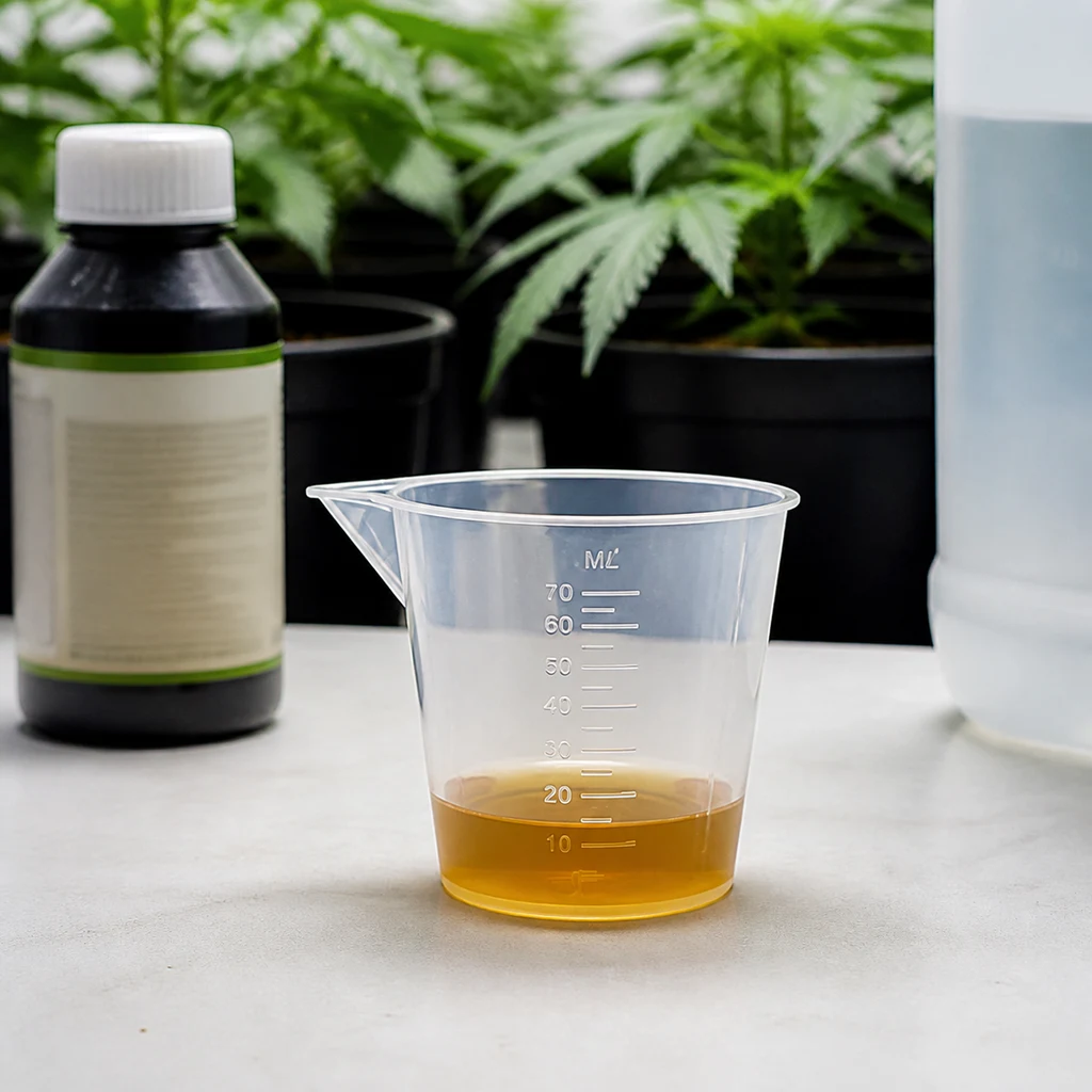 Vaso medidor transparente con escala en mililitros, pico vertedor y líquido ámbar, con recipientes y plantas al fondo.