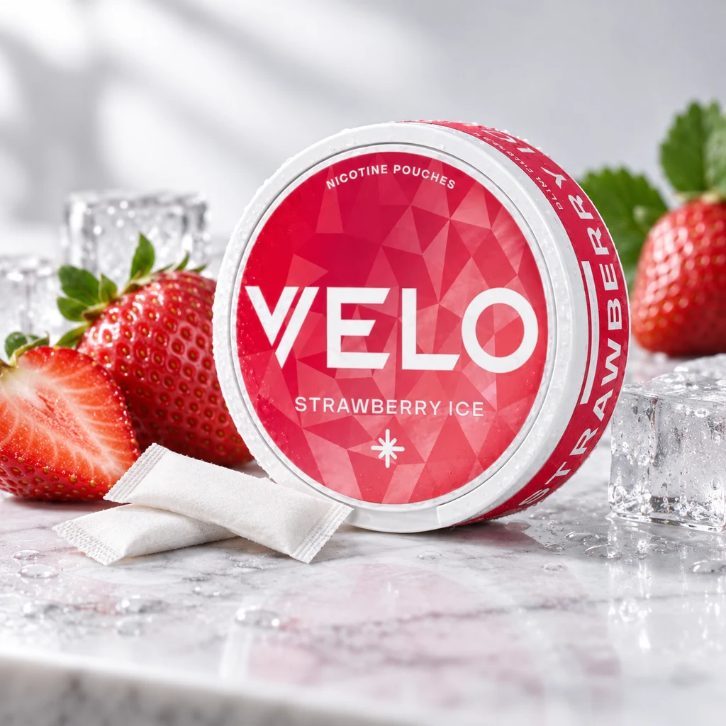 Envase redondo de VELO Strawberry Ice con etiqueta roja, junto a bolsitas blancas, fresas y cubitos de hielo sobre una superficie clara. Envase redondo de VELO Strawberry Ice con etiqueta roja, junto a bolsitas blancas, fresas y cubitos de hielo sobre una superficie clara.