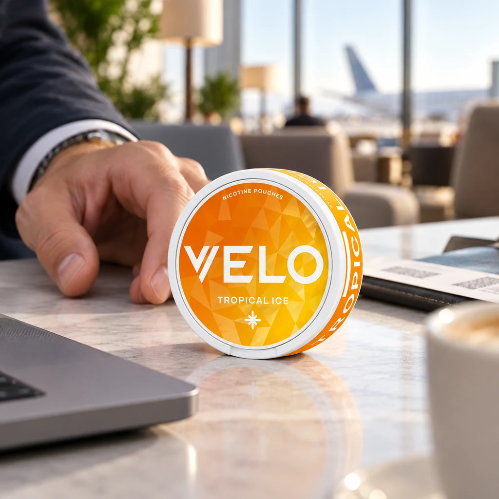 Envase circular naranja de VELO Tropical Ice sobre una mesa, junto a una mano, un portátil y documentos, con un avión al fondo.