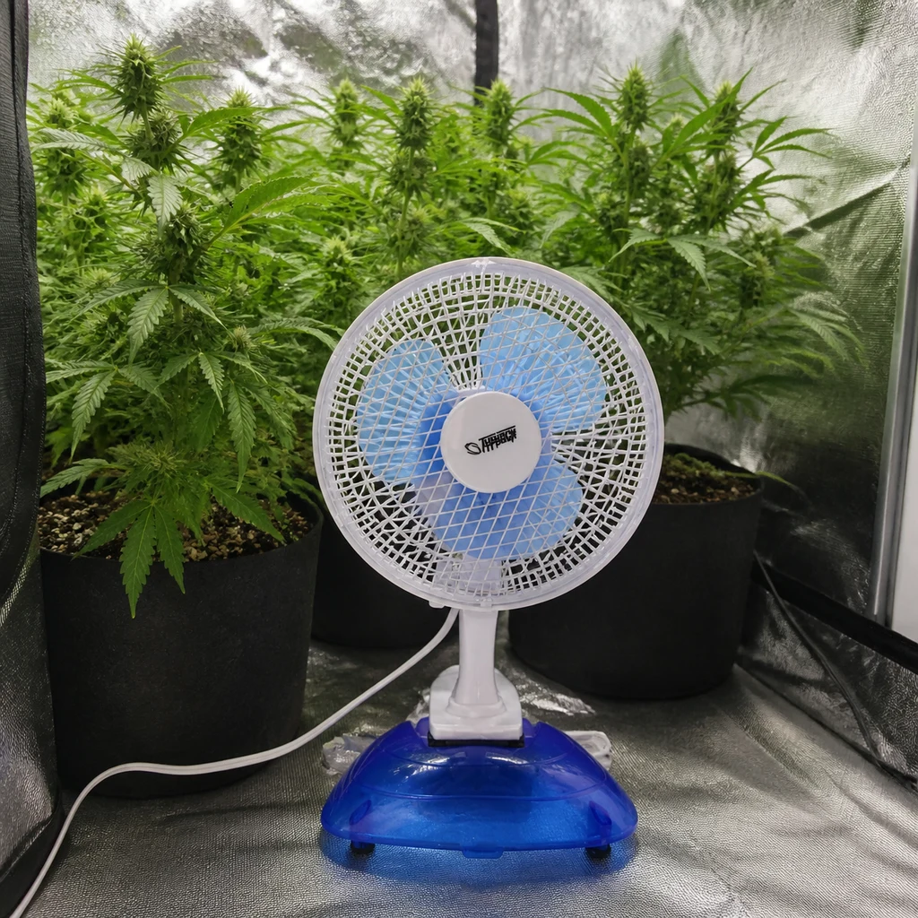 Ventilador de pinza Typhoon blanco con aspas y base azules, situado delante de plantas en un armario de cultivo reflectante.