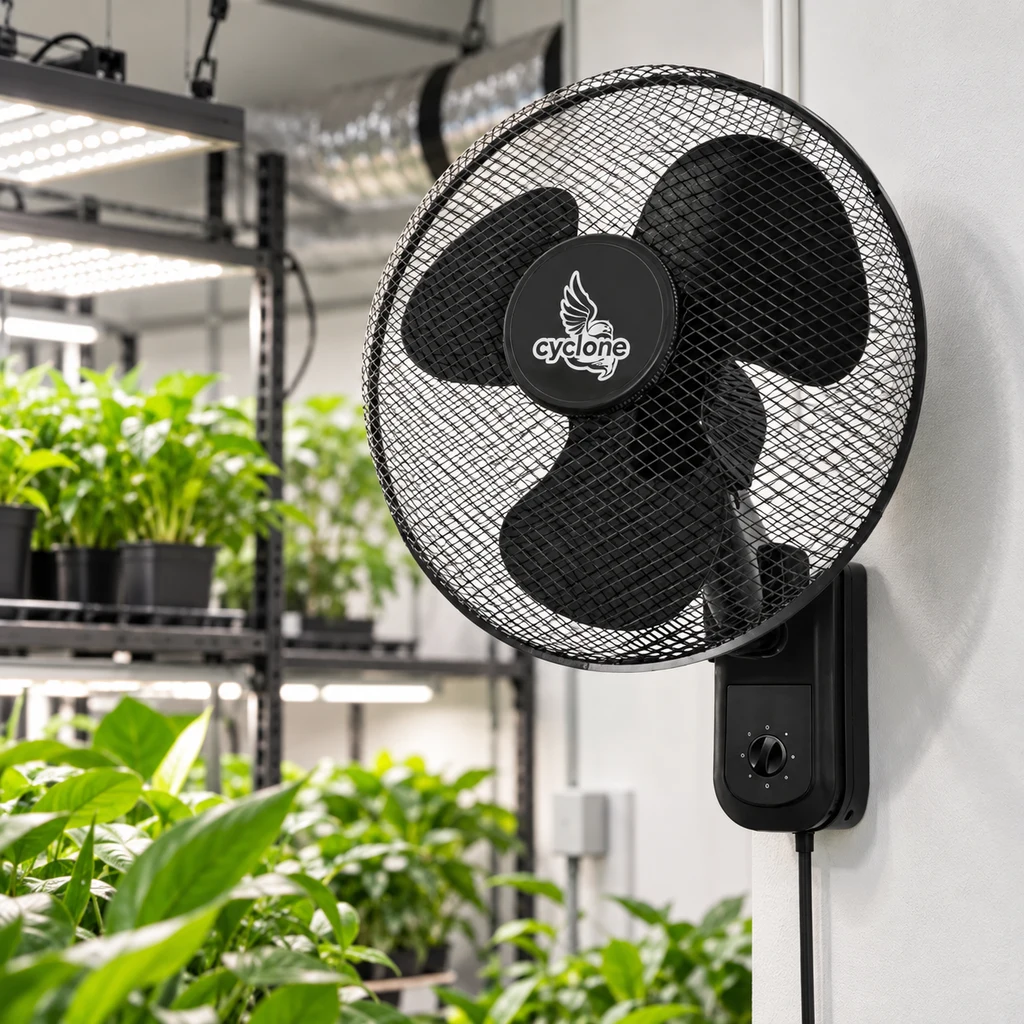 Escena generada de un ventilador negro Cyclone fijado a la pared, con rejilla circular, mando y cable, junto a estantes con plantas.