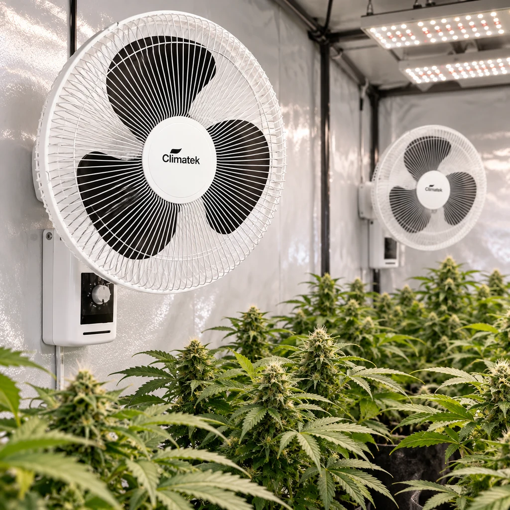 Escena generada con ventiladores de pared Climatek de rejilla blanca y aspas negras sobre plantas de cannabis bajo paneles de luz. Escena generada con ventiladores de pared Climatek de rejilla blanca y aspas negras sobre plantas de cannabis bajo paneles de luz.