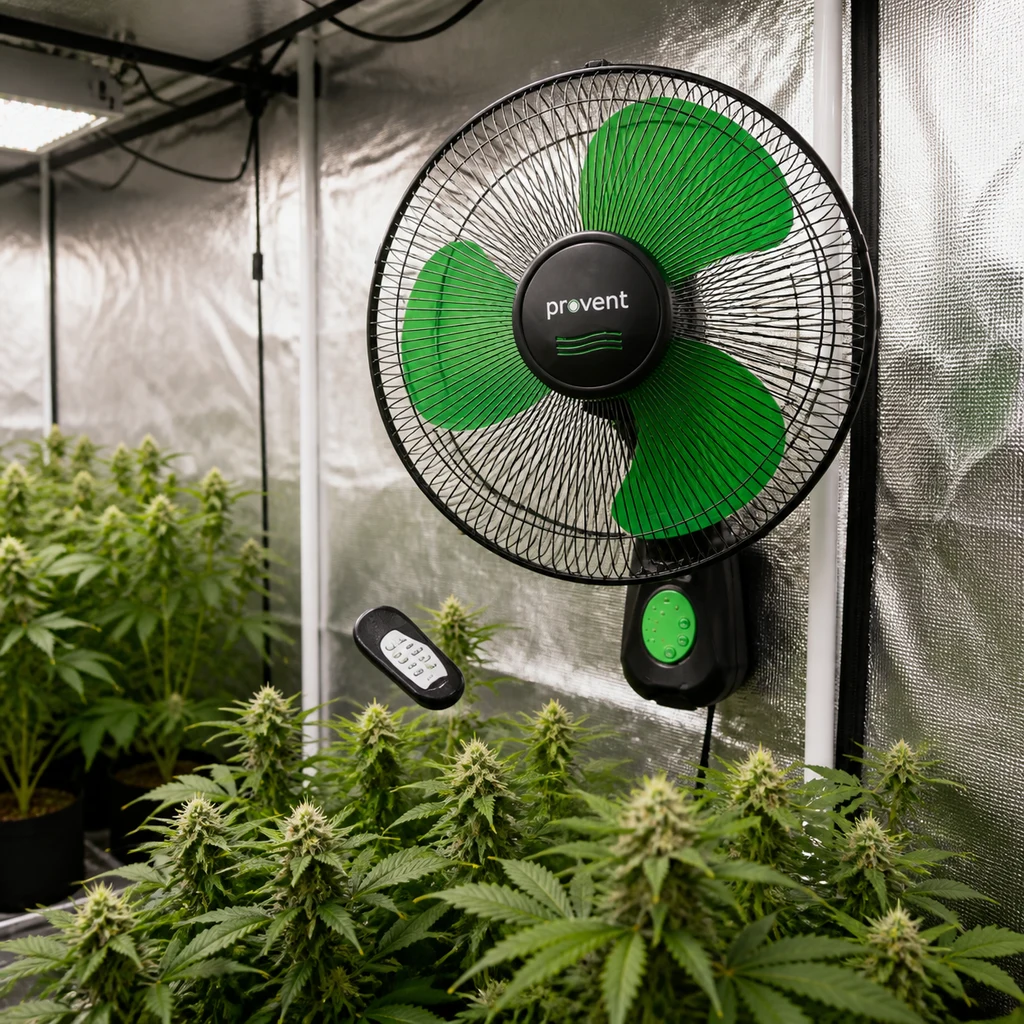 Escena generada de un ventilador Pro Vent de pared con aspas verdes y mando a distancia entre plantas en un recinto reflectante.