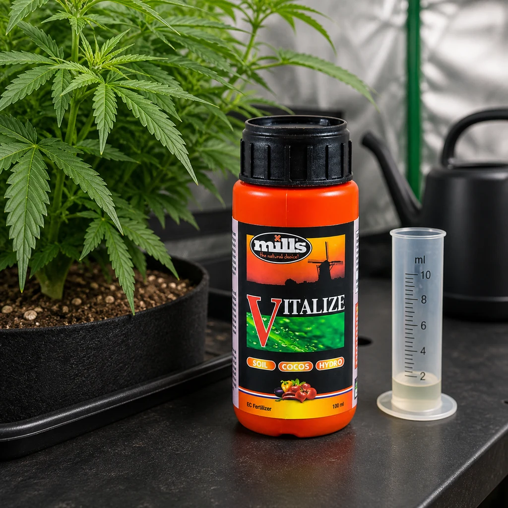 Bote naranja de Vitalize Mills con tapón negro, junto a una probeta graduada y una planta de cannabis en maceta de tela. Bote naranja de Vitalize Mills con tapón negro, junto a una probeta graduada y una planta de cannabis en maceta de tela.