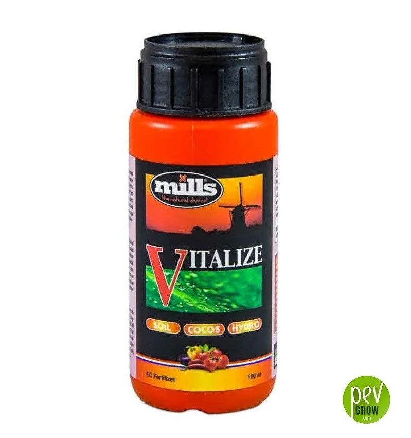 Bote naranja de Vitalize Mills Nutrients con tapón negro y etiqueta con un molino y las palabras Soil, Cocos e Hydro, sobre fondo blanco.