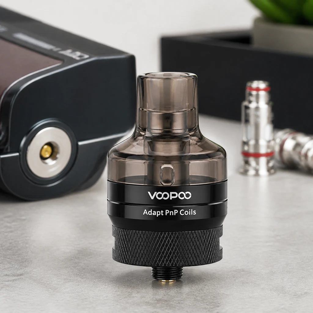 Atomizador VOOPOO PnP con depósito translúcido, base negra texturizada y rosca inferior, con un mod y resistencias al fondo. Atomizador VOOPOO PnP con depósito translúcido, base negra texturizada y rosca inferior, con un mod y resistencias al fondo.