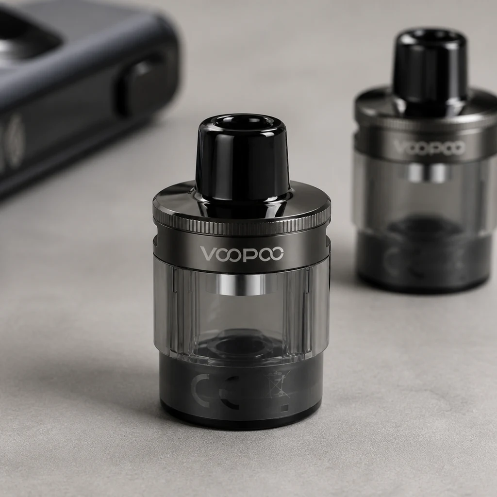 Depósito Voopoo con cuerpo transparente, boquilla negra y aros oscuros en primer plano, con otro depósito desenfocado detrás. Depósito Voopoo con cuerpo transparente, boquilla negra y aros oscuros en primer plano, con otro depósito desenfocado detrás.
