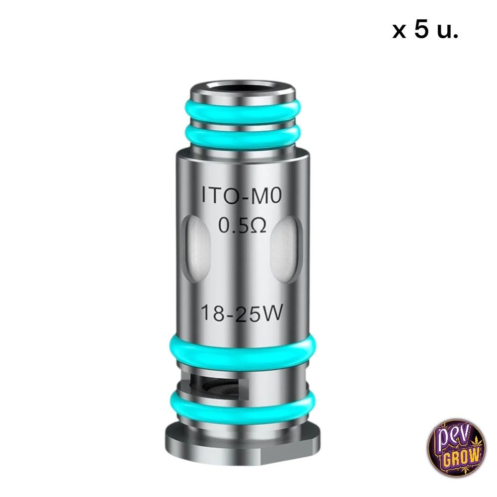 Resistencia Voopoo ITO-M0 con juntas turquesas y marcas de 0,5 Ω y 18–25 W sobre fondo blanco, con indicación de cinco unidades.