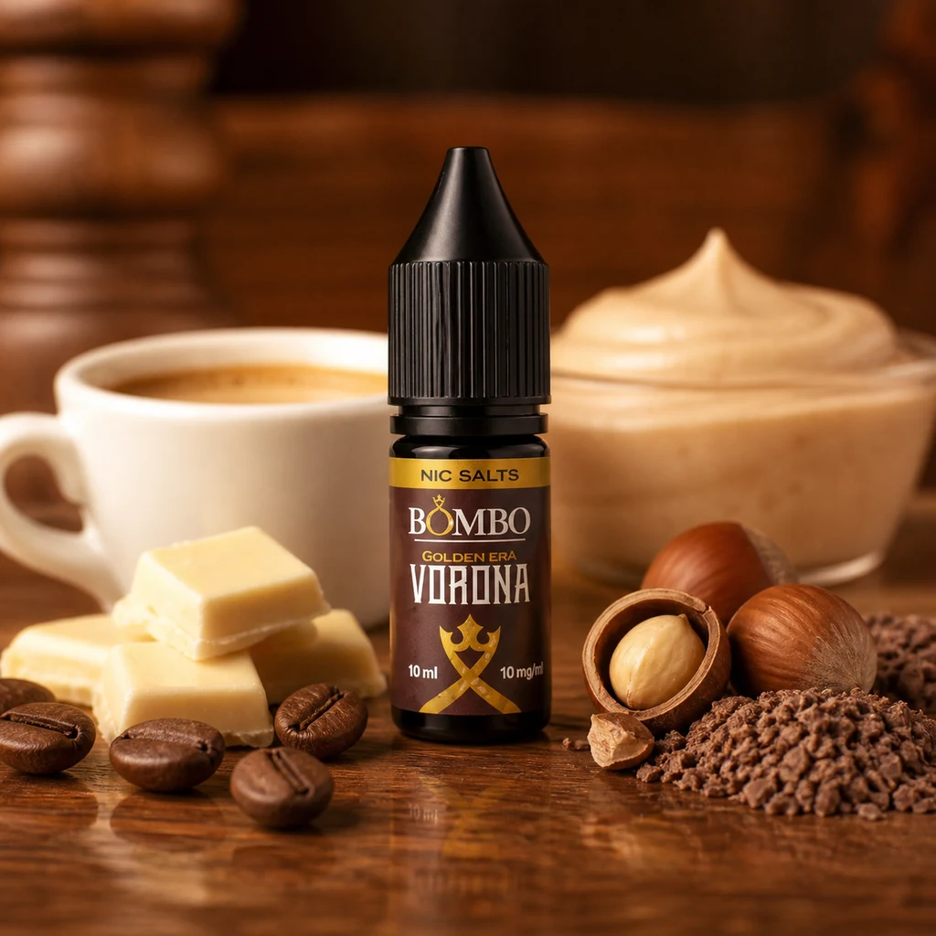 Frasco de sales de nicotina Bombo Golden Era Virginia entre una taza de café, avellanas, chocolate blanco y un cuenco de crema.