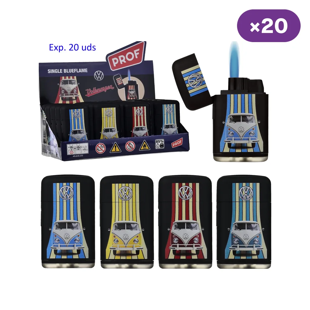 Encendedores de llama jet con diseños de furgoneta VW en varios colores, un modelo abierto con llama azul y un expositor.