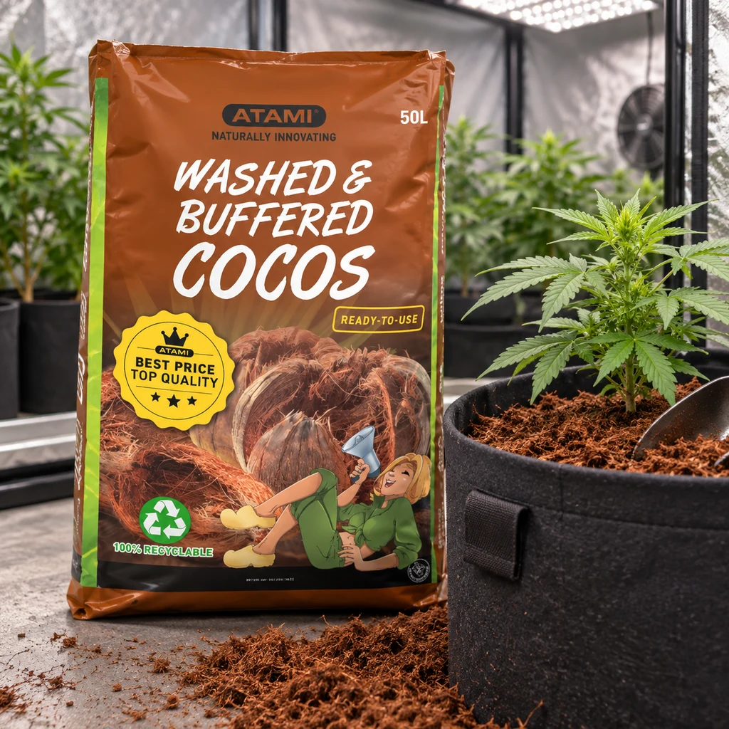 Saco de coco lavado y tamponado Atami de 50 L junto a una maceta textil con una planta y sustrato suelto en un cultivo interior.