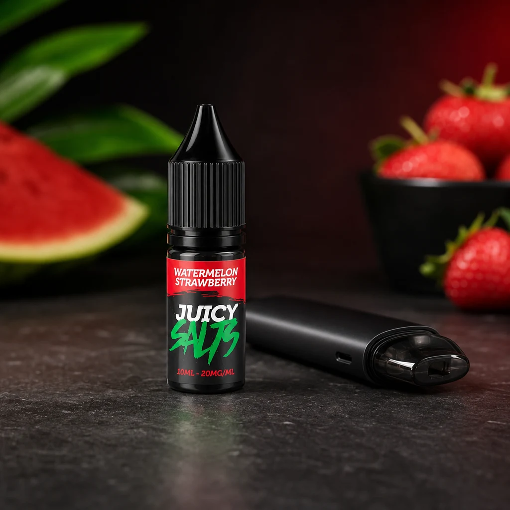 Escena generada con un frasco Juicy Salts Watermelon Strawberry de 10 ml y 20 mg/ml, un vapeador negro, fresas y sandía.
