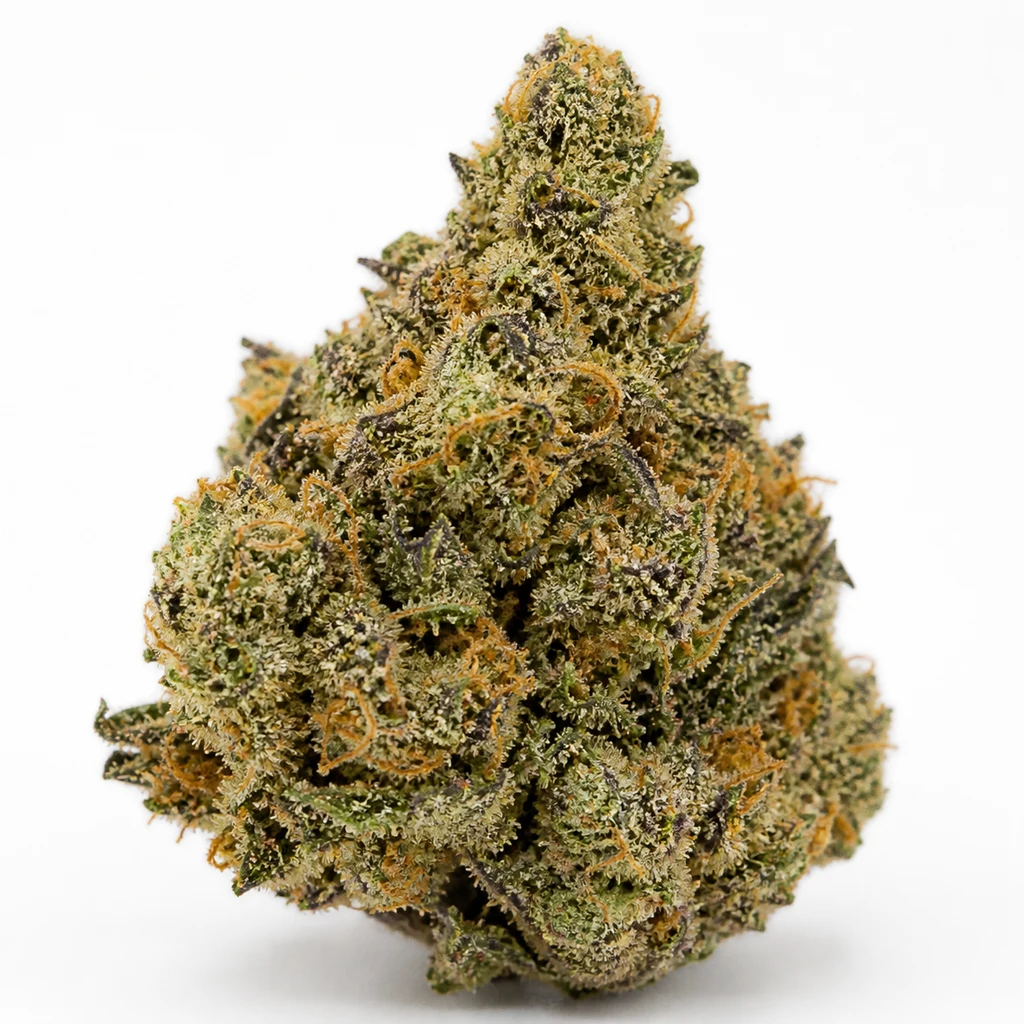 Ilustración de un cogollo cónico con hojas oscuras y pistilos anaranjados para la ficha de Wedding Cake X Triple OG Feminizada.