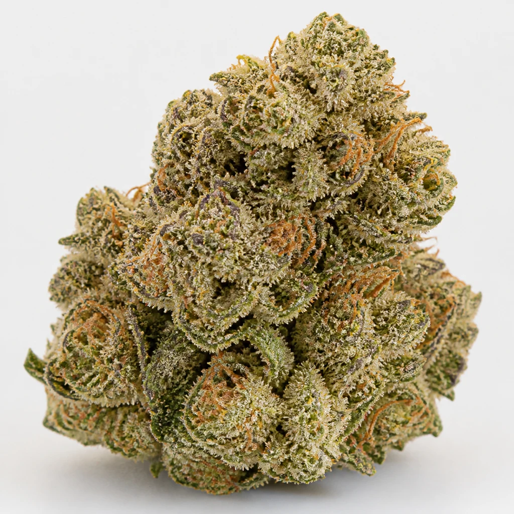 Ilustración de un cogollo verde con filamentos naranjas y superficie blanquecina para la ficha de Wedding Cheesecake Fast Flowering Feminizada.