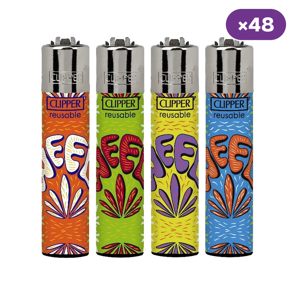 Selección de encendedores Clipper Weed Flow en naranja, verde, amarillo y azul, decorados con hojas y letras; distintivo de 48 unidades.