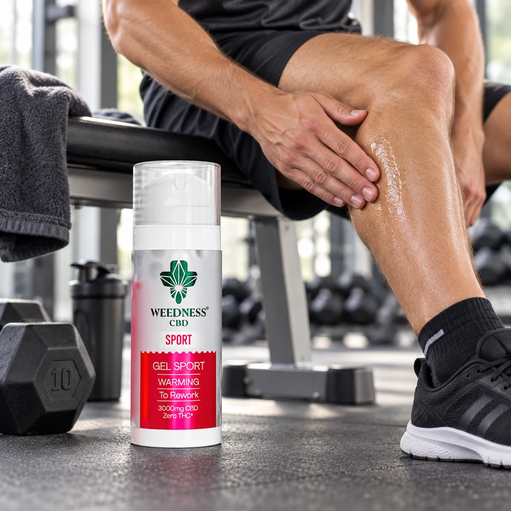 Envase de gel deportivo Weedness CBD Sport en primer plano y una persona extendiendo gel sobre la pierna en un gimnasio.